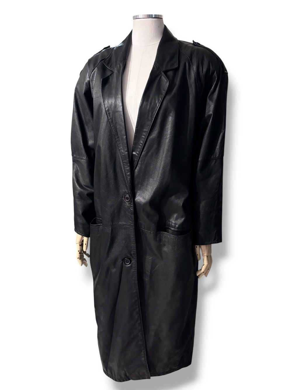 SPLIT END LTD. Black Leather Cocoon Trench Coat VINTAGE 1980s Size Small